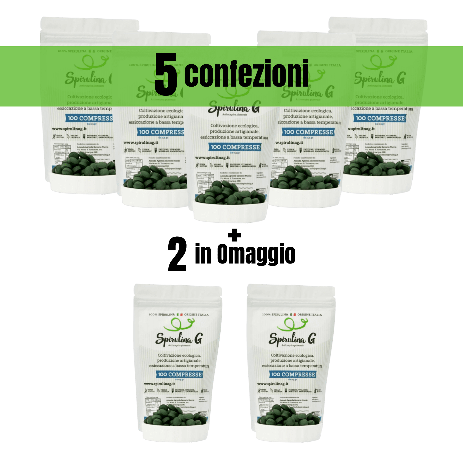 OFFERTA SPECIALE: 5 confezioni di SpirulinaG da 100 compresse + 2 confezioni in OMAGGIO | Spirulina ITALIANA PURA 100%
