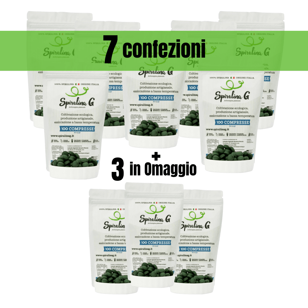 OFFERTA SPECIALE: 7 confezioni di SpirulinaG da 100 compresse + 3 confezioni in OMAGGIO | Spirulina ITALIANA PURA 100%